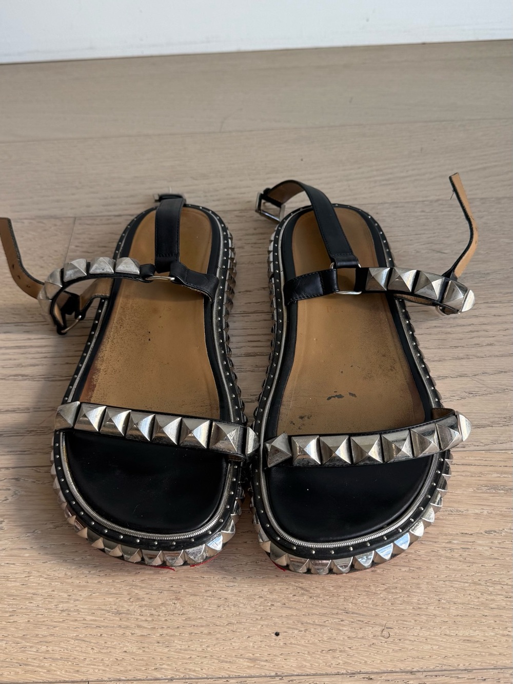 Christian Louboutin Pyraclou Black Studded Leather Flat Sandals